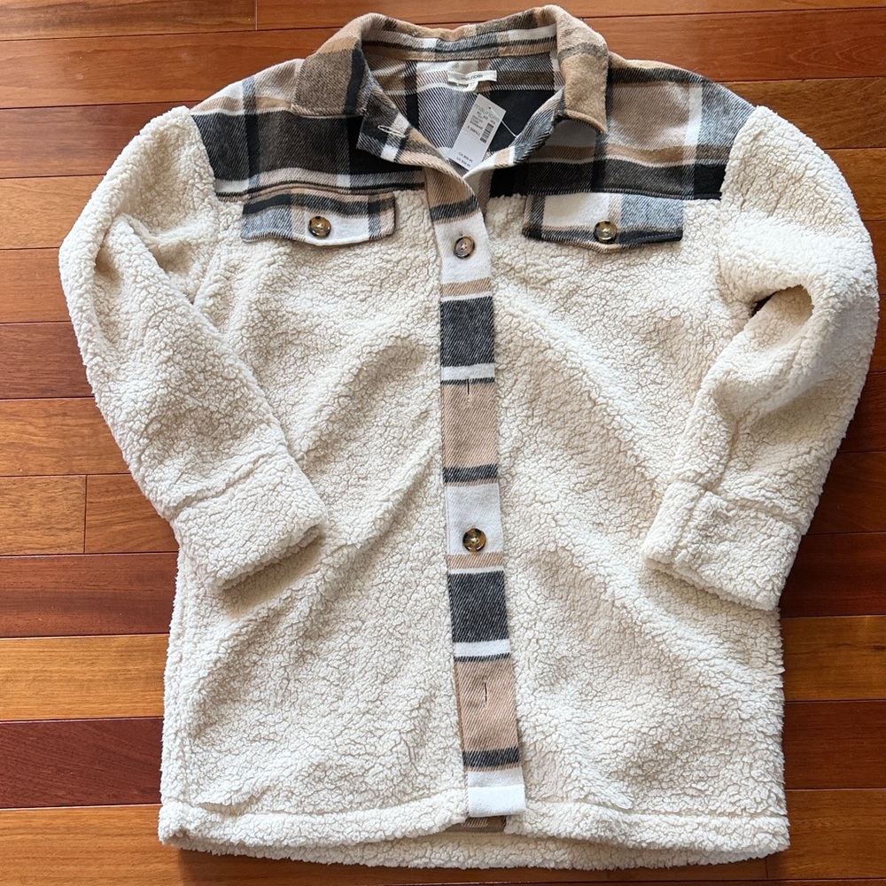 Maurices Cream Sherpa Button-Down Shacket with Tan & Gray Plaid Yoke